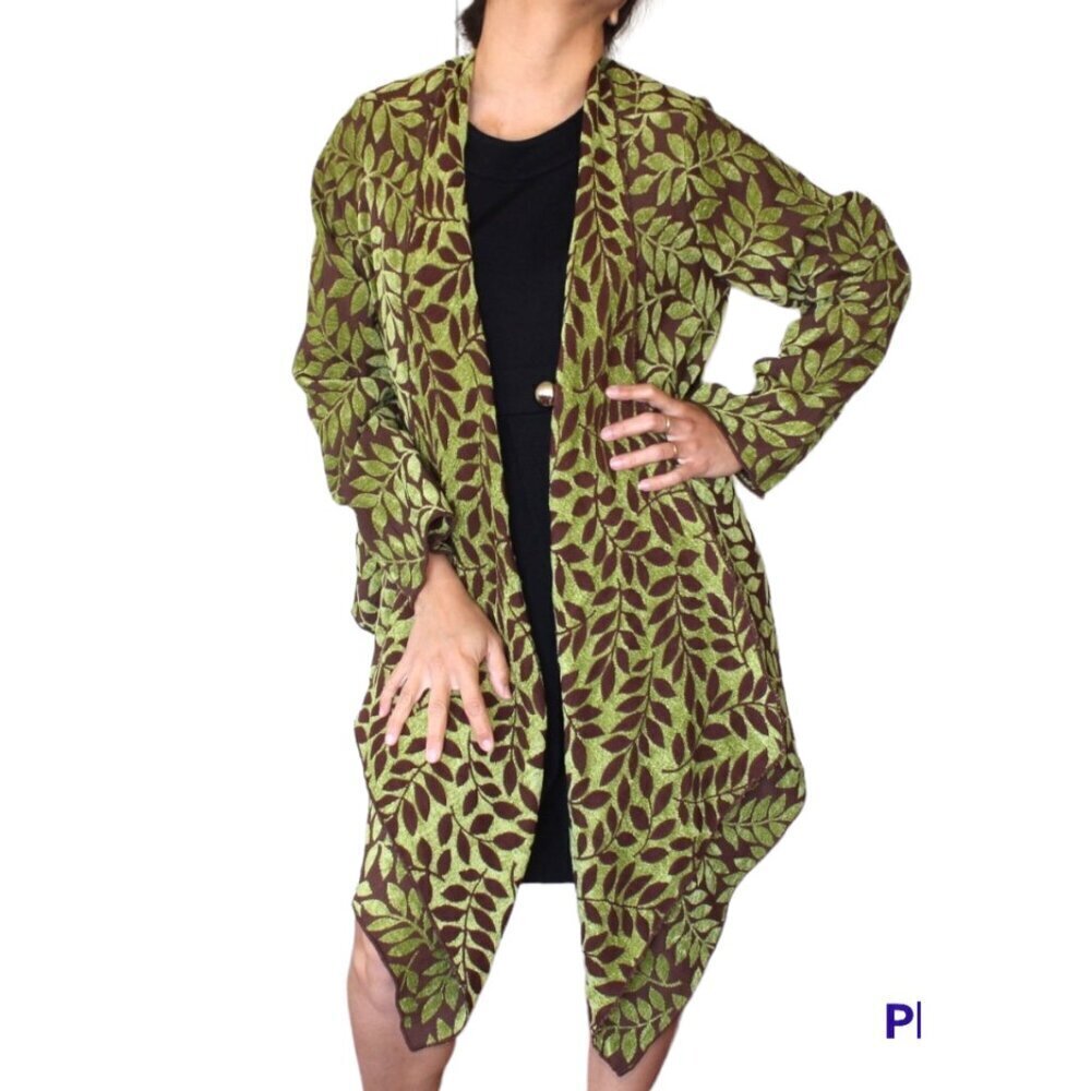 Vtg Niche women's Long Cardigan Velvet Green Leaf Print Size M Kimono Y2K Casual